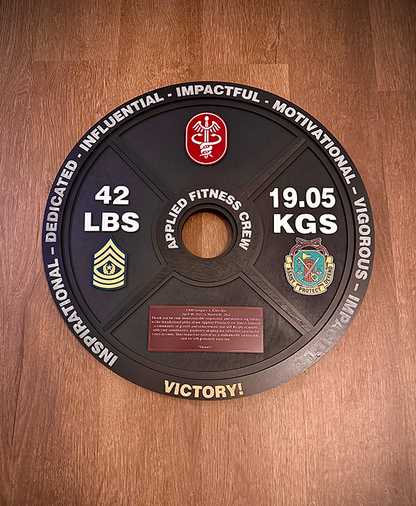 Custom Wooden Weight Plate Plaque – Handcrafted Military Gym Award Display