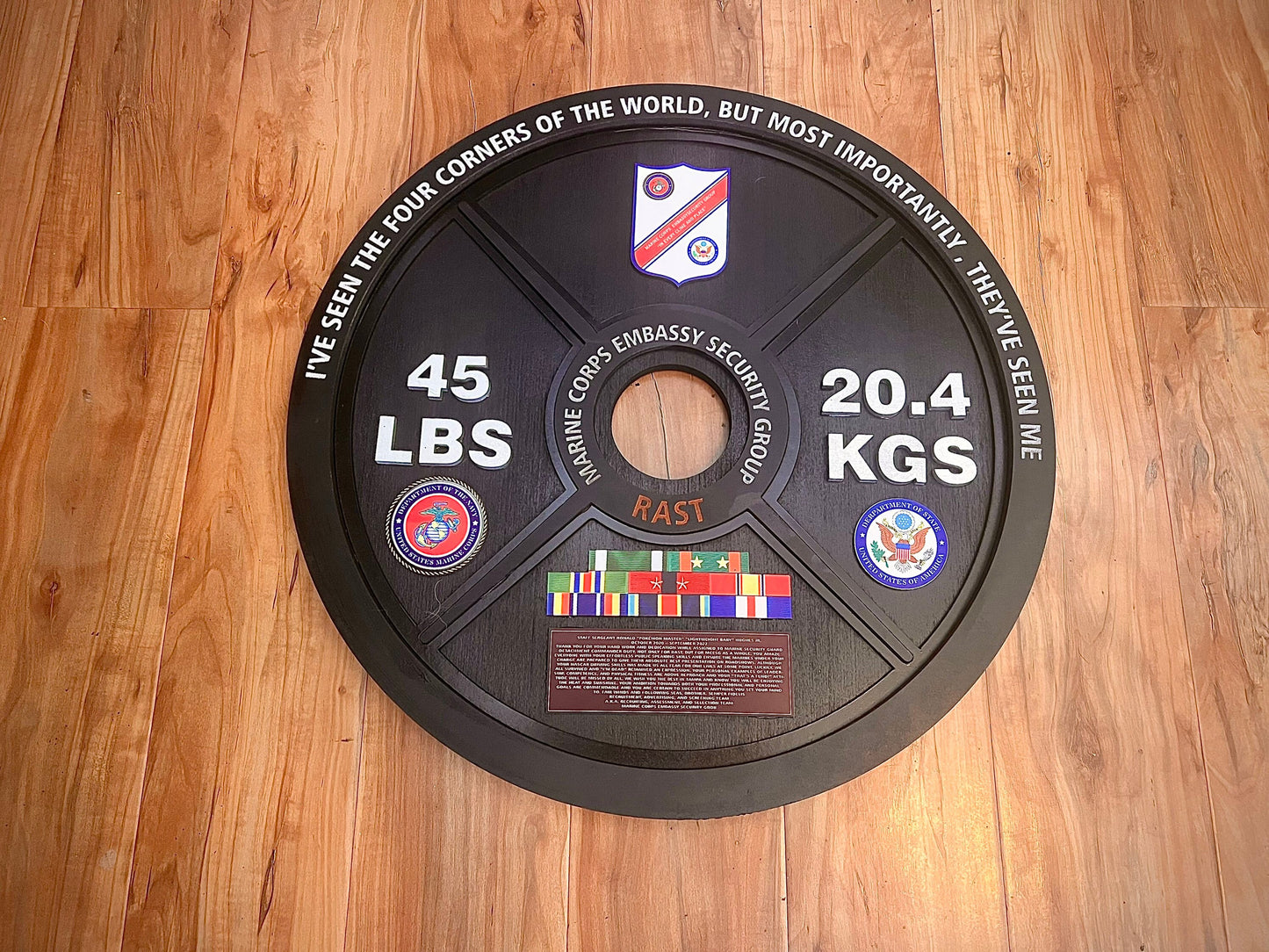 Custom Wooden Weight Plate Plaque – Handcrafted Military Gym Award Display