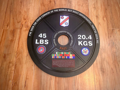Custom Wooden Weight Plate Plaque – Handcrafted Military Gym Award Display