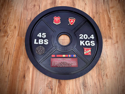Custom Wooden Weight Plate Plaque – Handcrafted Military Gym Award Display